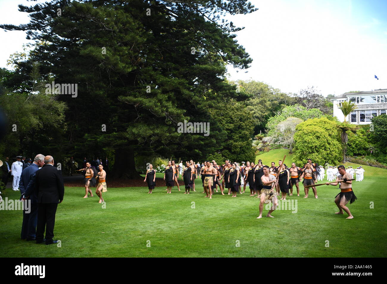 The Prince of Wales watches a haka, as he and the Duchess of Cornwall are formally welcomed to New Zealand at Government House in Auckland, on the third day of the royal visit to New Zealand. PA Photo. Picture date: Tuesday November 19, 2019. See PA story ROYAL Charles. Photo credit should read: Victoria Jones/PA Wire Stock Photo