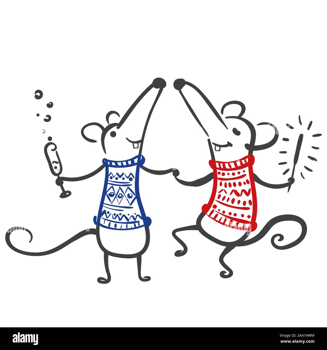 Two dancing cute mice or rats in blue and red sweaters who have fun celebrating Chinese New Year 2020. Vector hand drawing illustration for postcard o Stock Vector