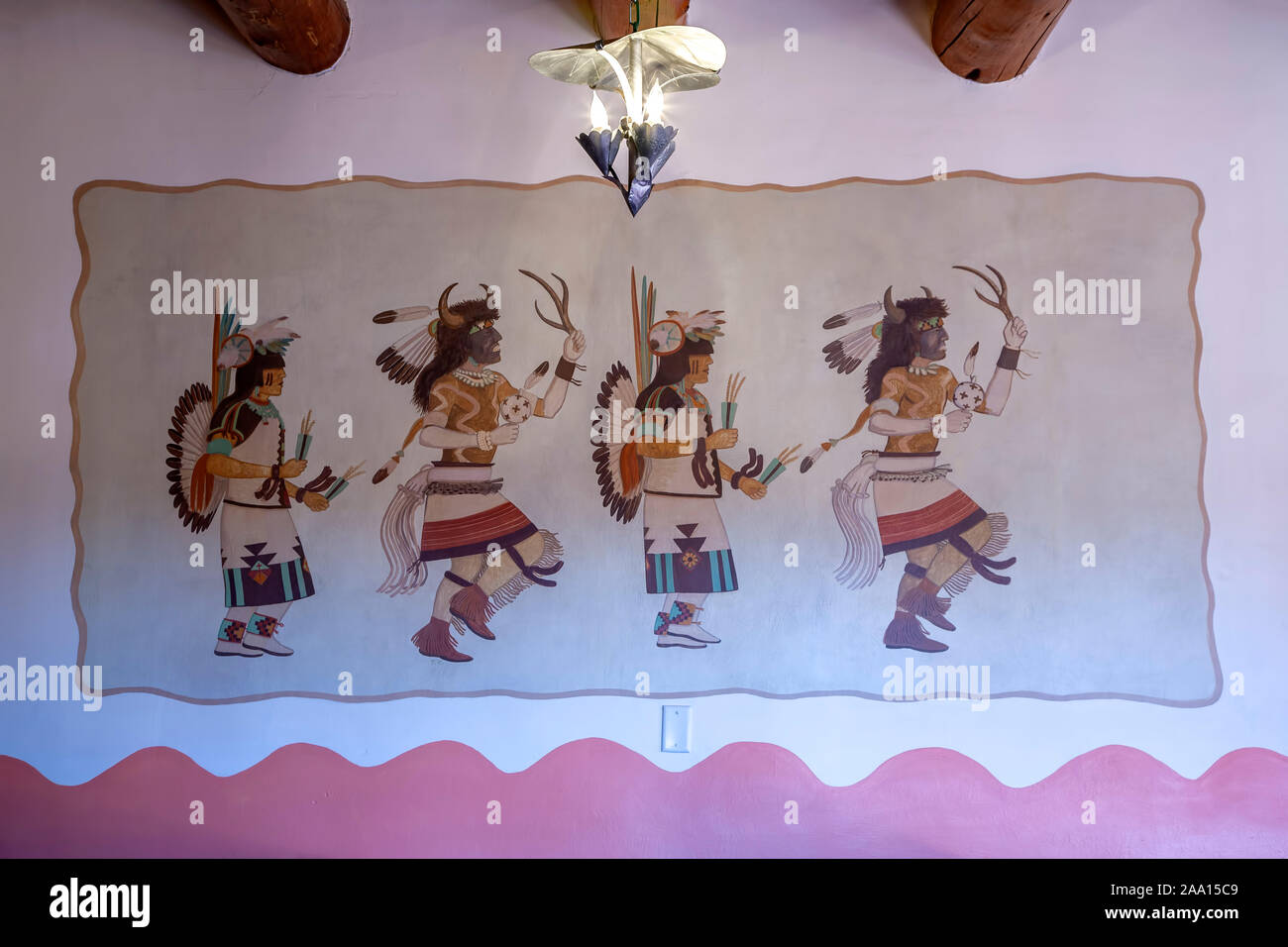 Wall painting of dancing Indians, Painted Desert Inn National Historic Landmark, Petrified Forest National Park, Arizona USA Stock Photo