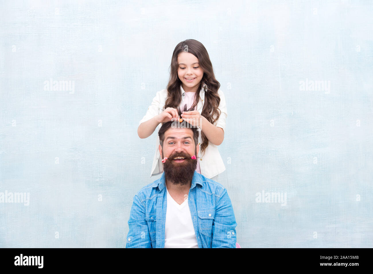 Daughter Style You Smile Little Daughter Stylist Small Daughter Hairstyle Fathers Hair Happy Family Cute Hairdresser Daughter Barber Did Me First Hair Salon Barbershop Stock Photo Alamy
