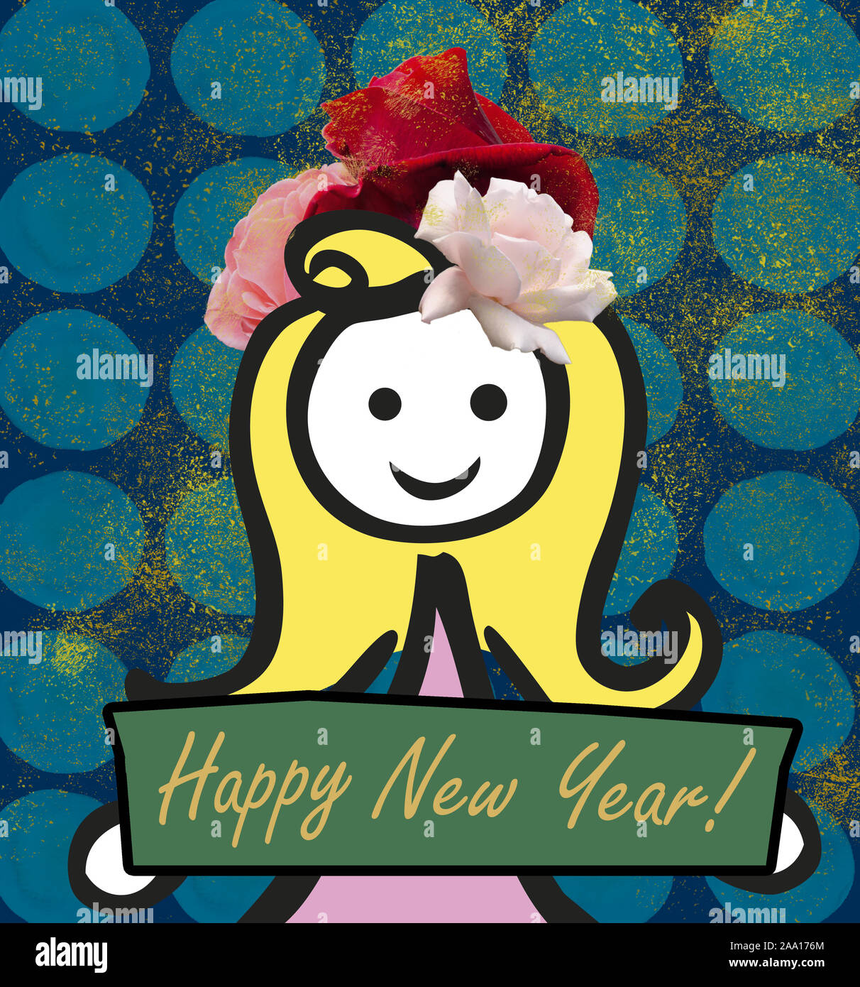 Happy New Year Simple Girl Roses Banner Dotted Background Collage