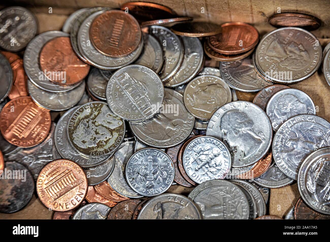 Used money coins from America which is pocket change in USA Stock Photo