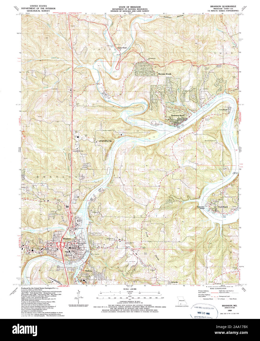 USGS TOPO Map Missouri MO Branson 322060 1989 24000 Restoration Stock Photo