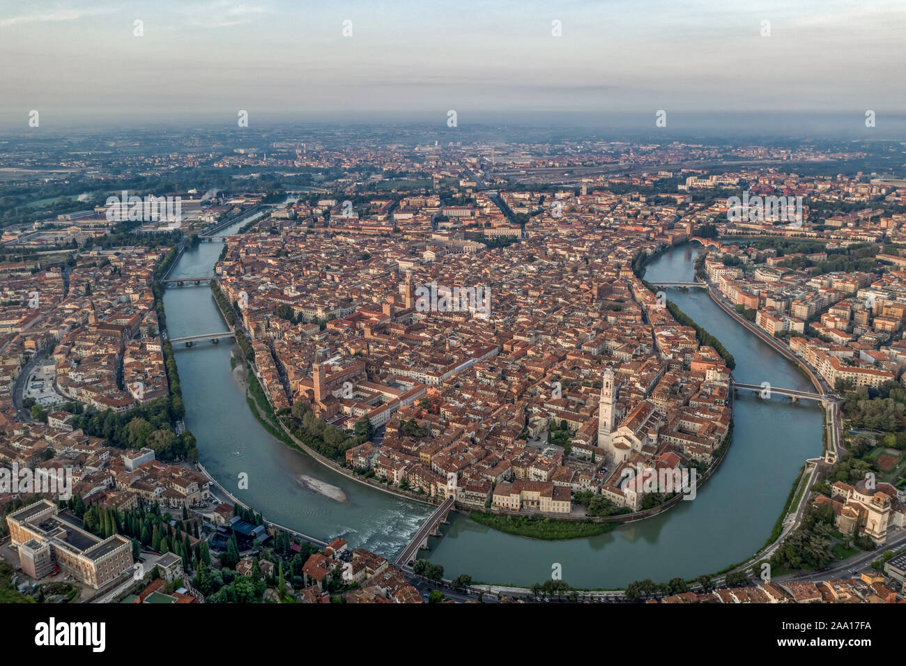 Aerial drone shot view of city of Verona with adige river around Stock ...