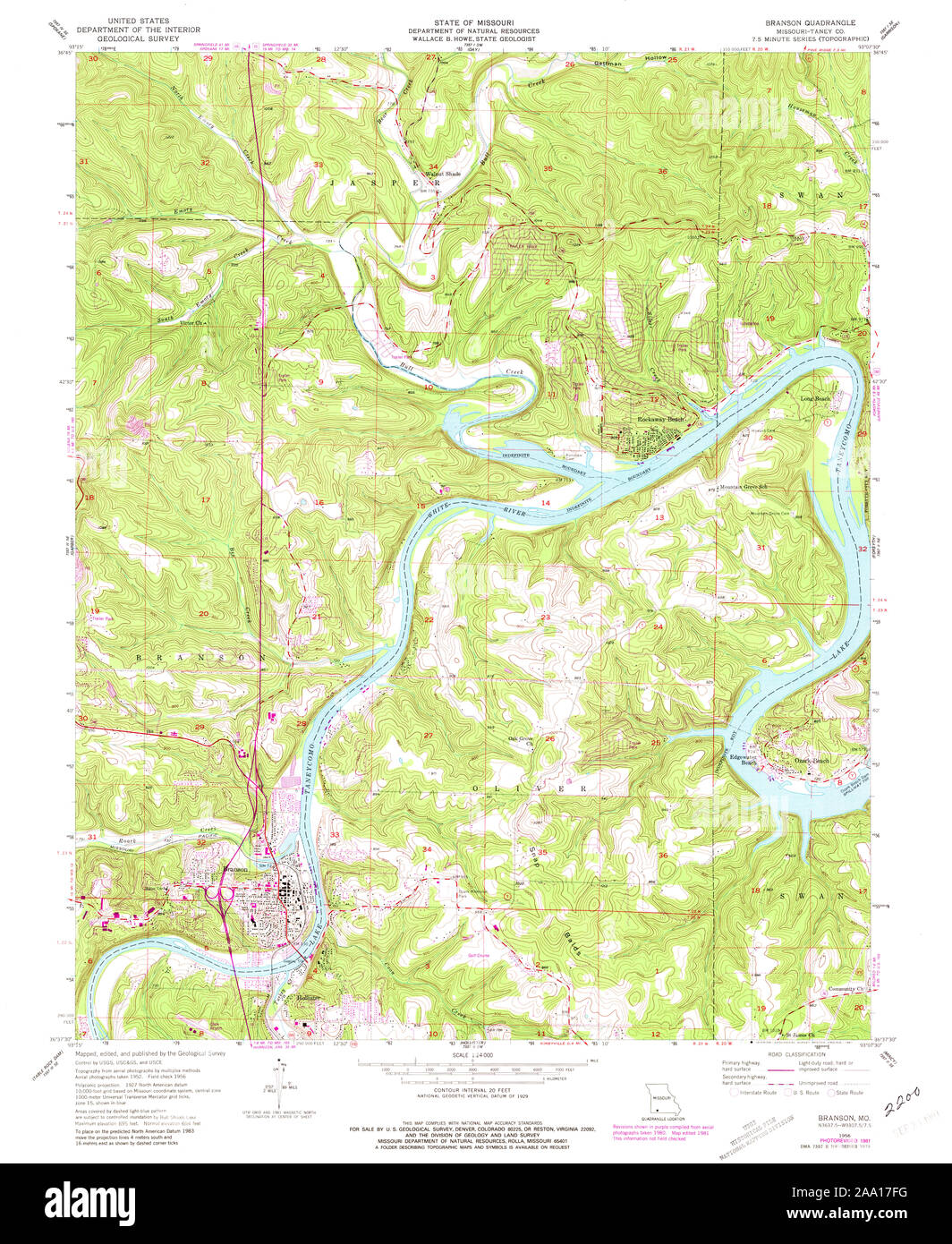 USGS TOPO Map Missouri MO Branson 322059 1956 24000 Restoration Stock Photo
