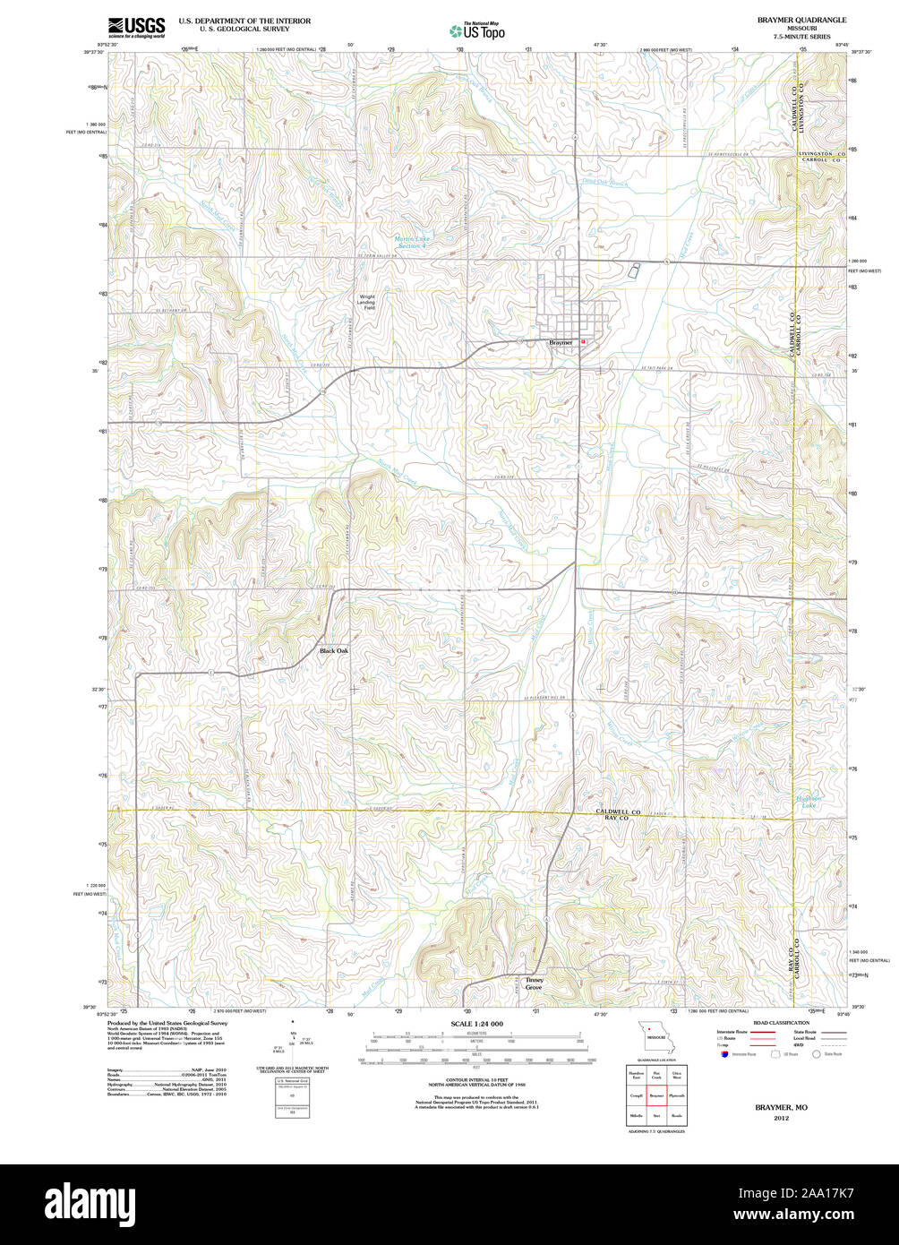 USGS TOPO Map Missouri MO Braymer 20120127 TM Restoration Stock Photo