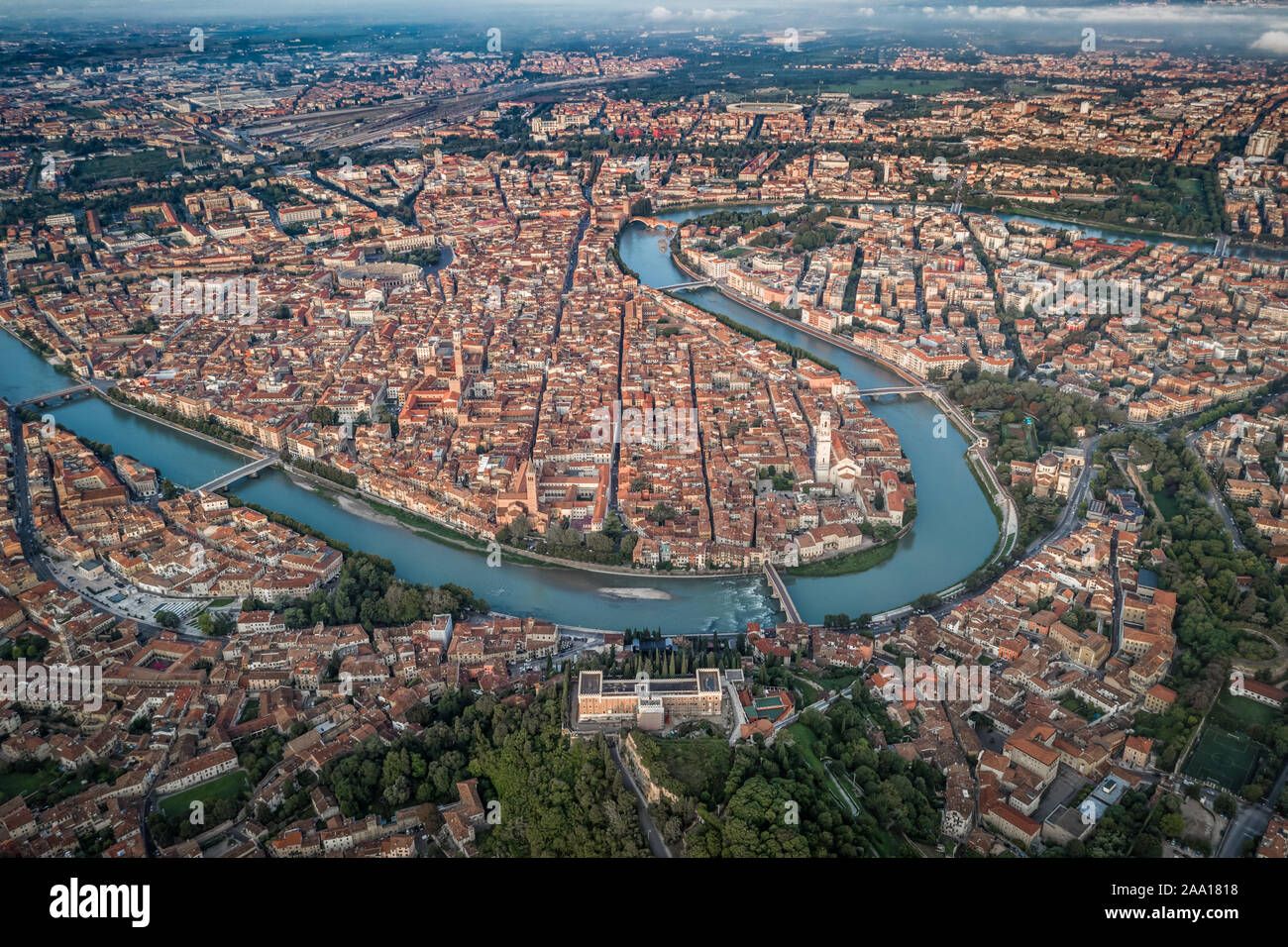 Aerial drone shot view of city of Verona with adige river around Stock ...
