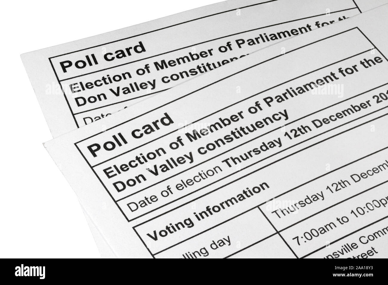 Poll Card for the 12th December 2019 General Election isolated on a white background. Don Valley Constituency. Stock Photo