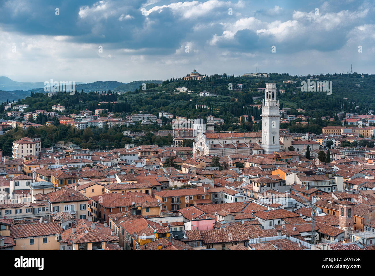 Top view of red brick city skyline from torre dei lamberti tower in Verona, Italy Stock Photo