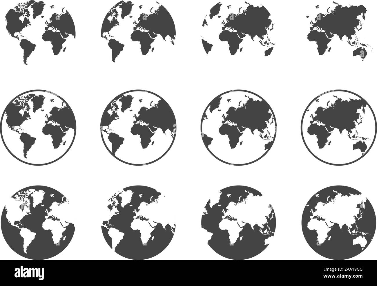 Set of earth globe icons in flat and linear design on a white ...