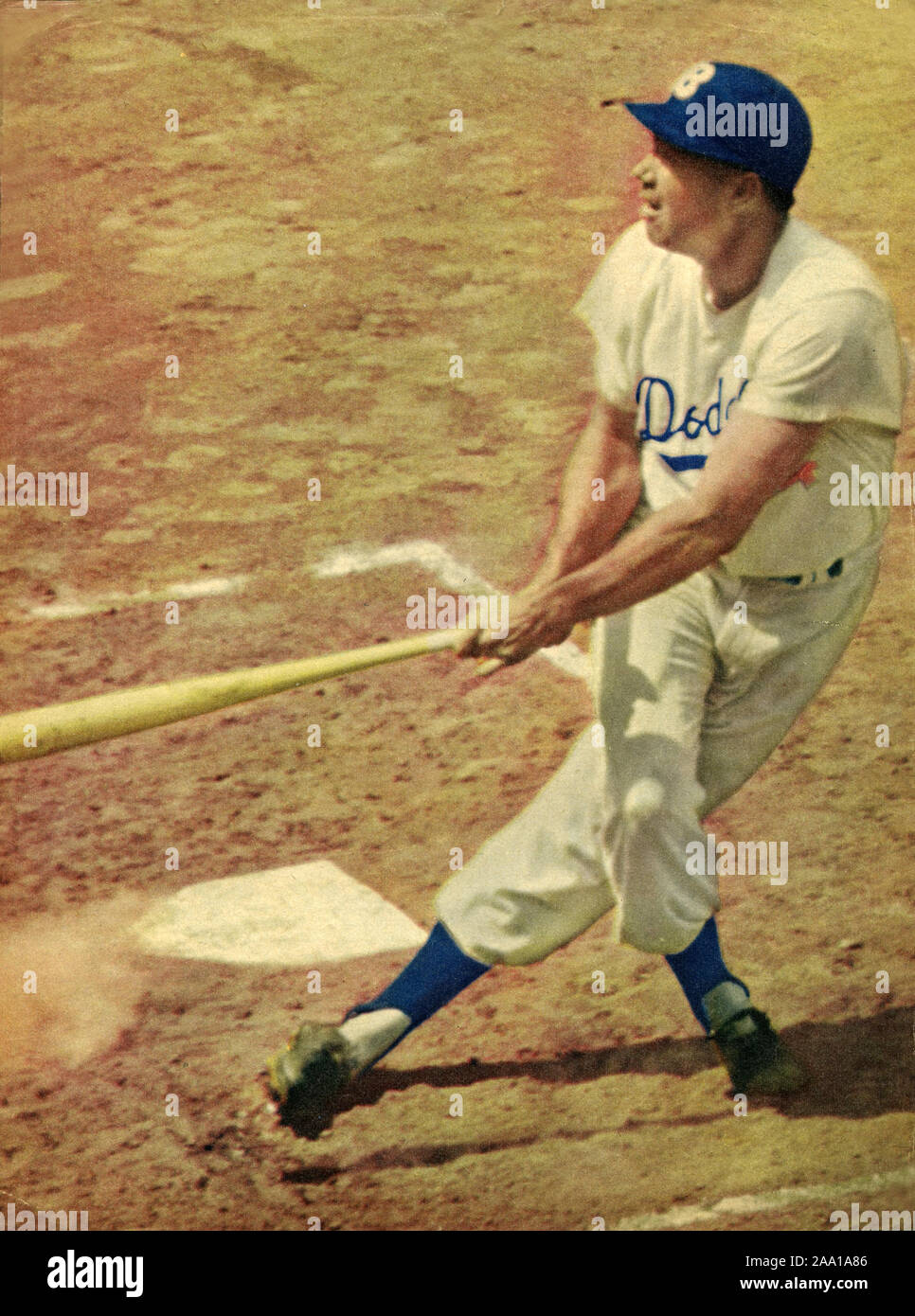 Color photo of of Brooklyn Dodger star player Duke Snider taking batting  practice before a game in Ebbetts Filed from a page in a 1950s era sport  magazine Stock Photo - Alamy