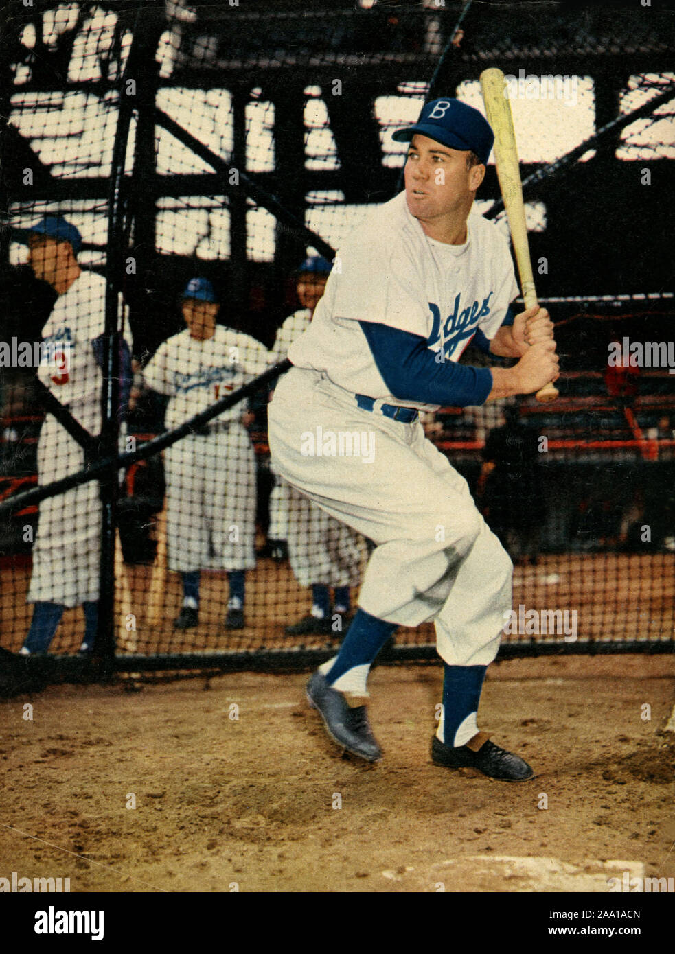 Color photo of of Brooklyn Dodger star player Duke Snider taking batting  practice before a game in Ebbetts Filed from a page in a 1950s era sport  magazine Stock Photo - Alamy