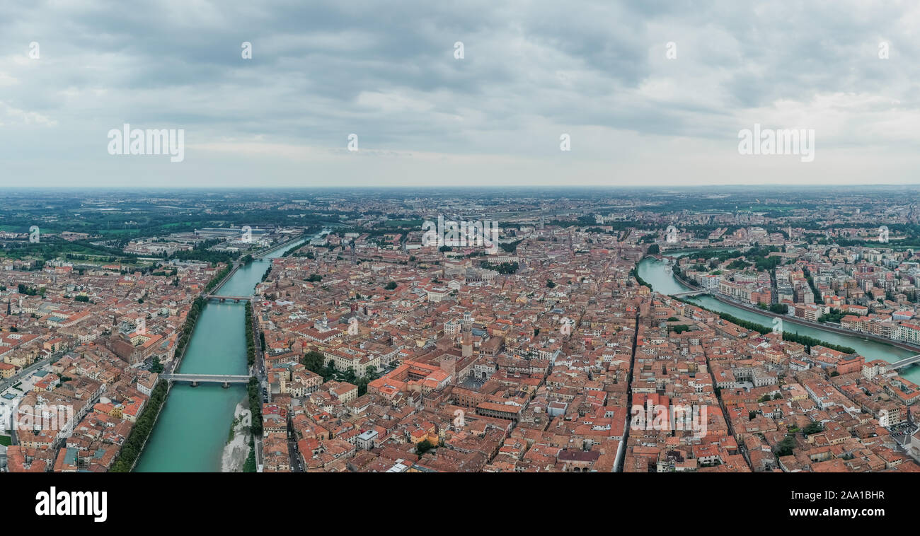 Aerial panorama drone shot of Verona medieval city from Castel Pietro Stock Photo