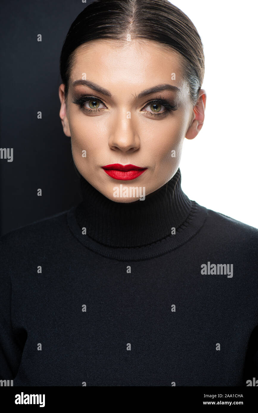 beautiful woman with red lips isolated on white and black Stock Photo ...