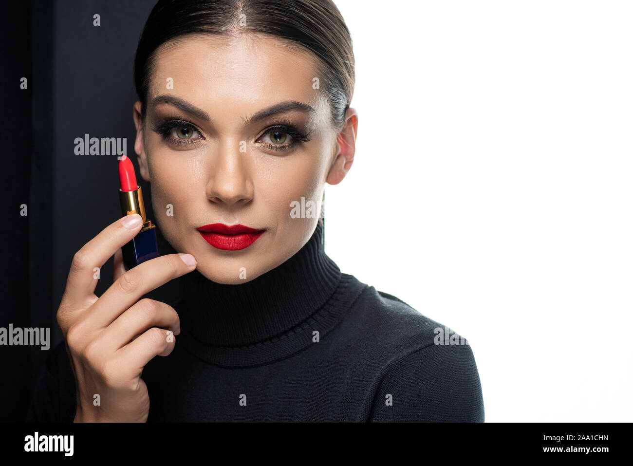 Beautiful Woman With Red Lips Holding Lipstick Isolated On White And Black Stock Photo Alamy