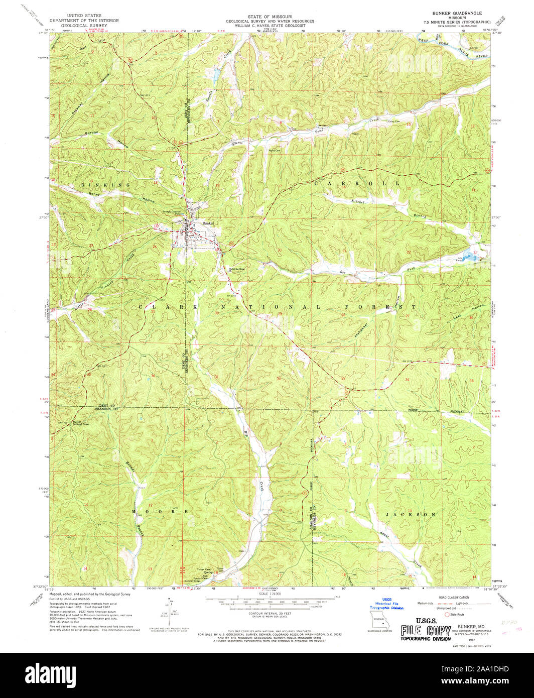 USGS TOPO Map Missouri MO Bunker 322122 1967 24000 Restoration Stock