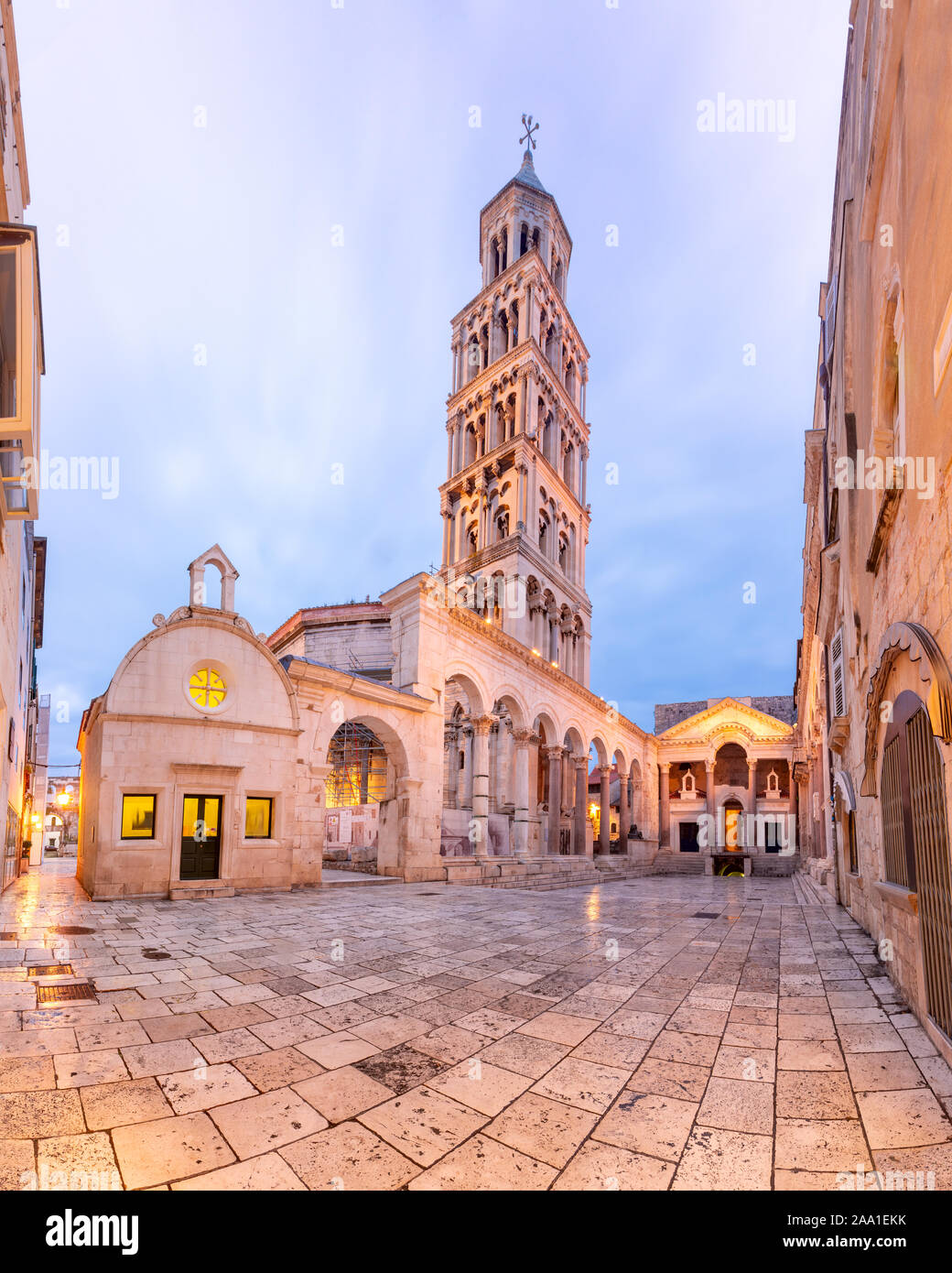Panoramic view of Saint Domnius Cathedral in Diocletian Palace in Old Town of Split, the second largest city of Croatia in the morning Stock Photo