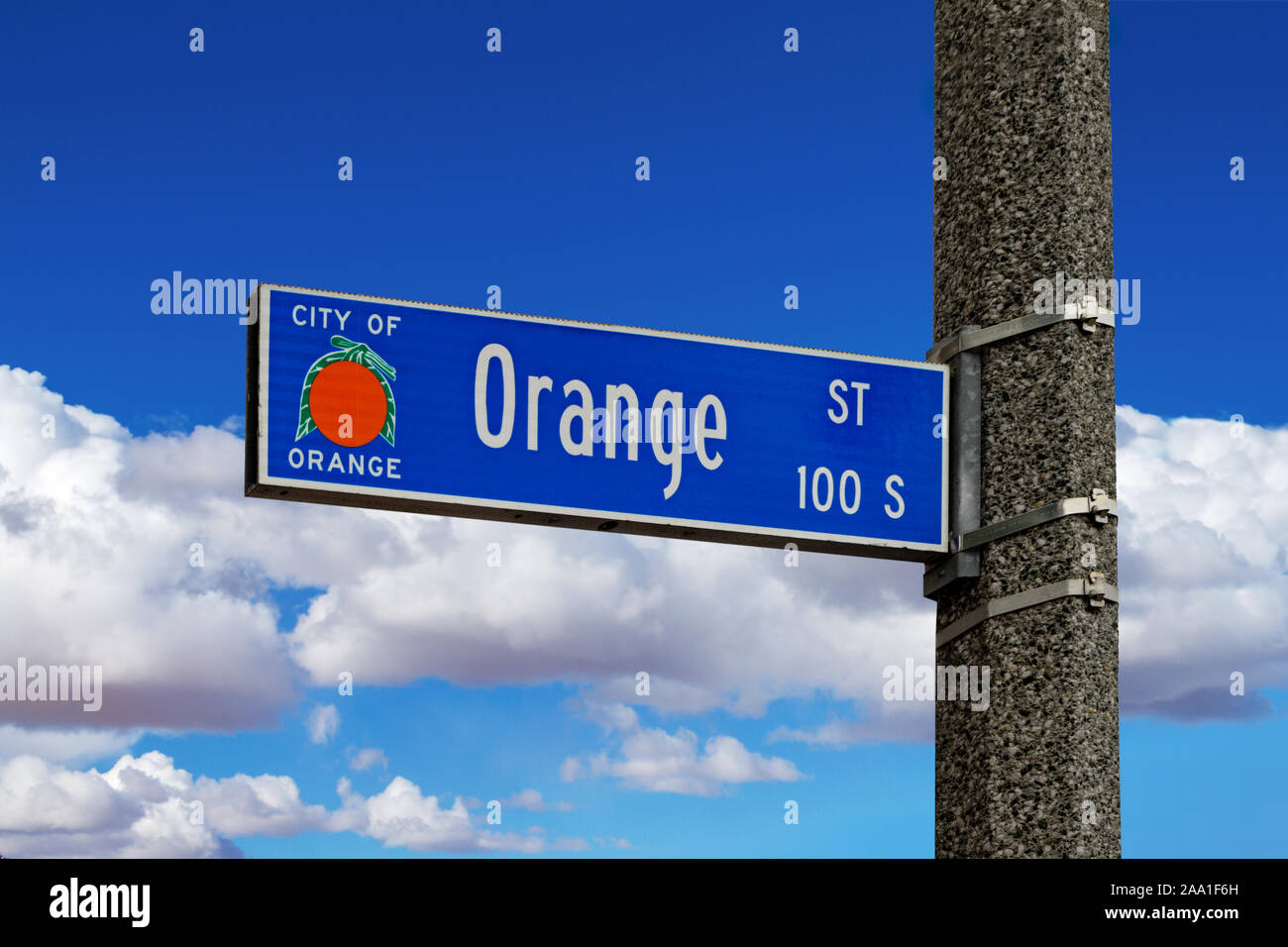 Orange, CA / USA – November 14, 2019: Street name sign for Orange