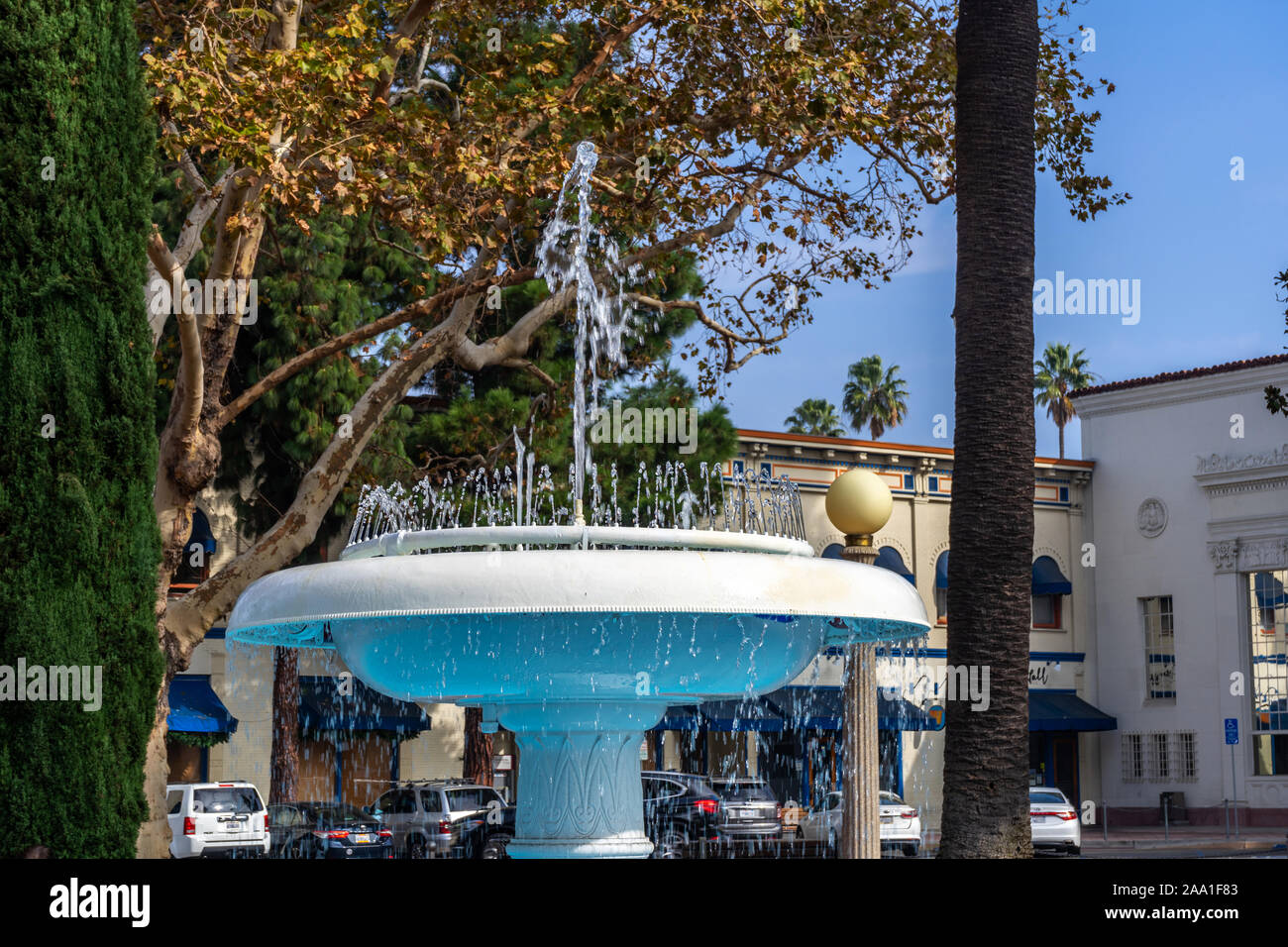 Orange, CA / USA – November 14, 2019: Water fountain at Orange Plaza Square Park located in the old town area in the City of Orange, California. Stock Photo