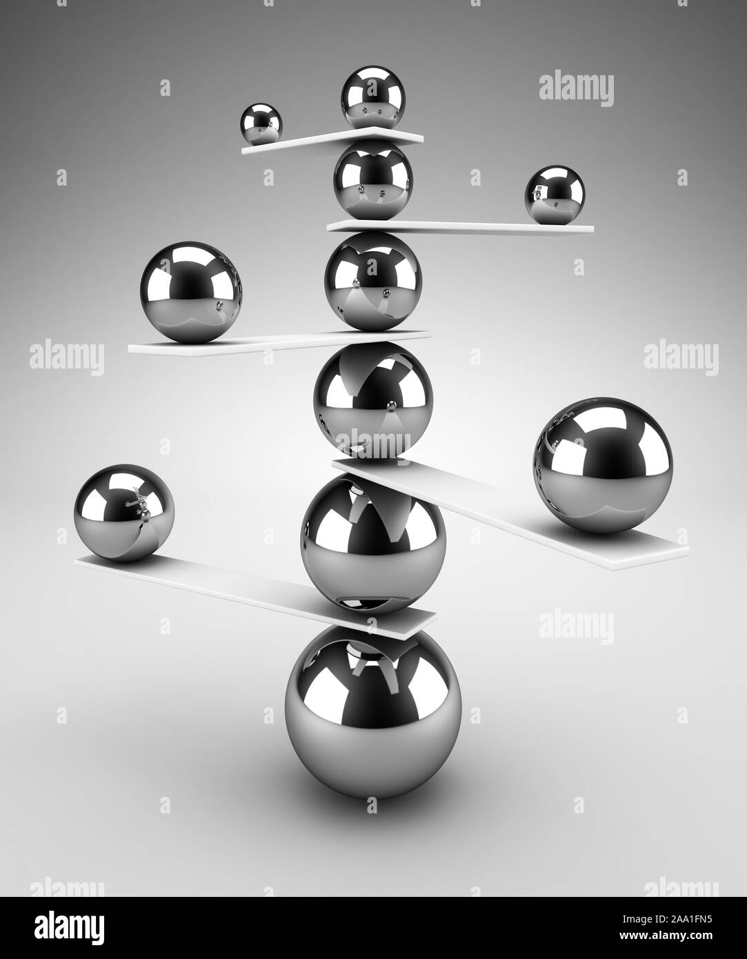 3d render of carefully balanced spheres. Balance and stability concept Stock Photo