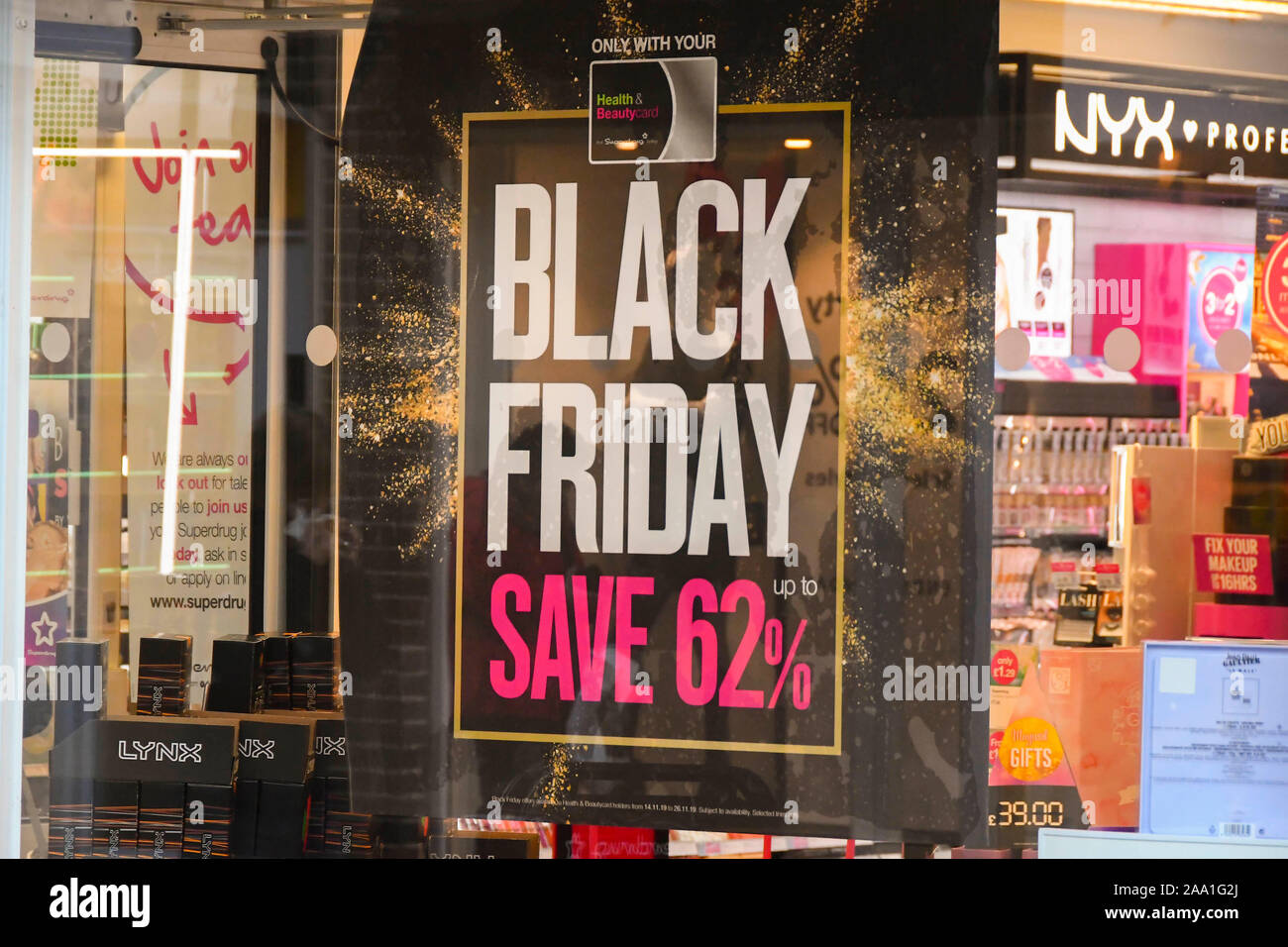 Superdrug black friday shop window advert in Dorchester in Dorset, UK.  Picture Credit: Graham Hunt/Alamy Stock Photo