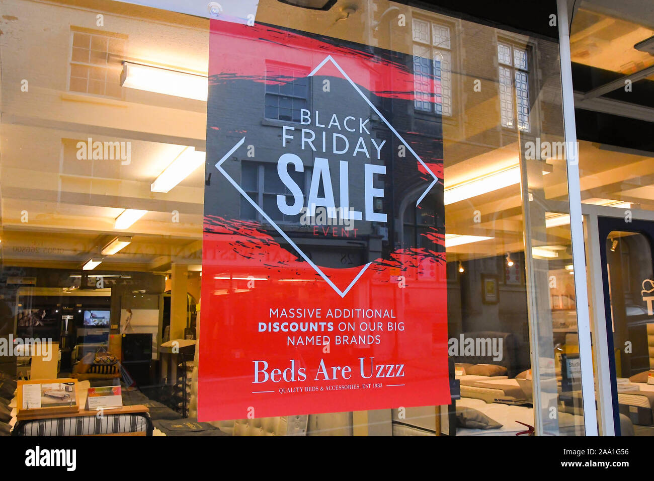 Beds Are Uzzz Black Friday Sale window poster in Dorchester in Dorset, UK.  Picture Credit: Graham Hunt/Alamy Stock Photo - Alamy