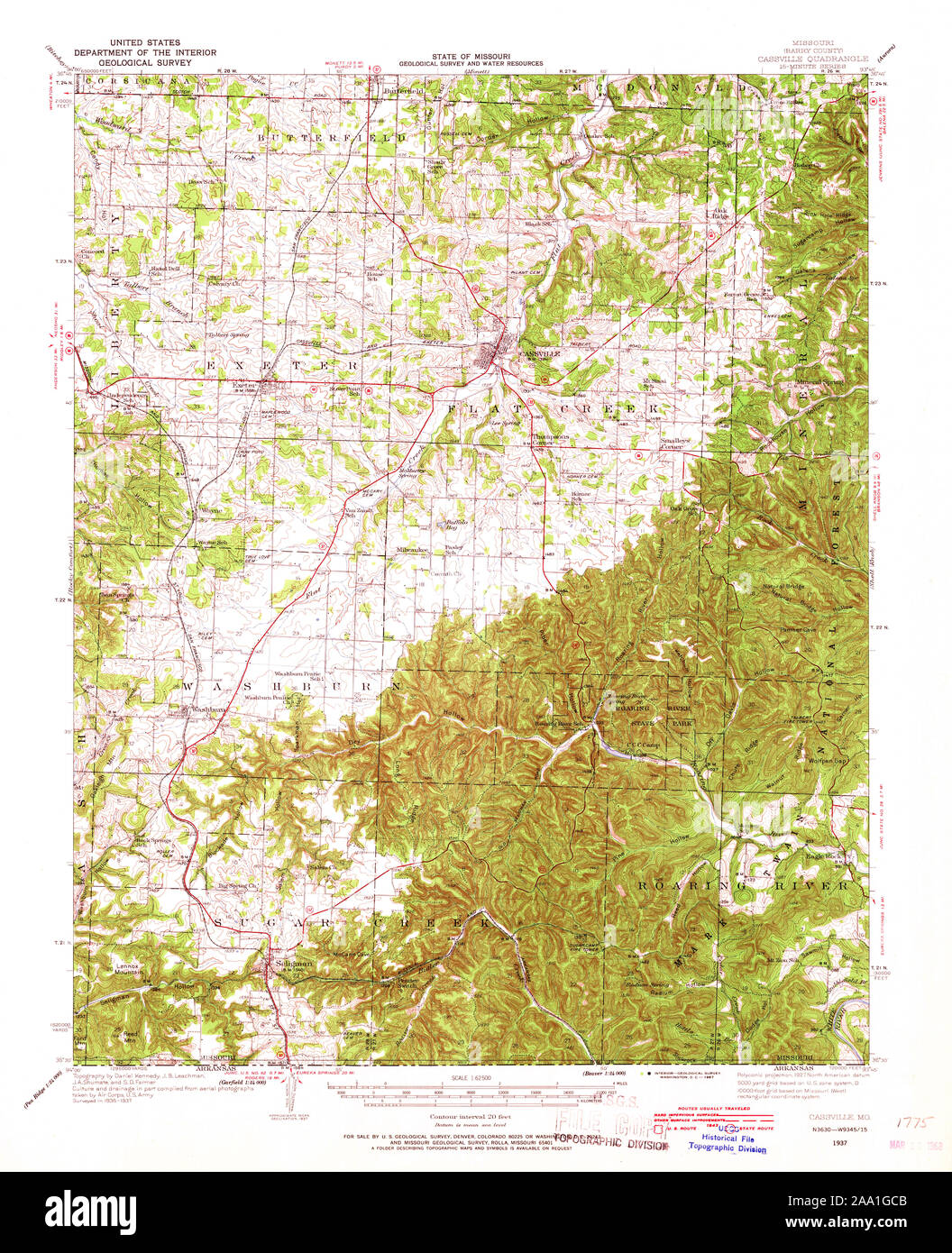 USGS TOPO Map Missouri MO Cassville 324783 1937 62500 Restoration Stock Photo