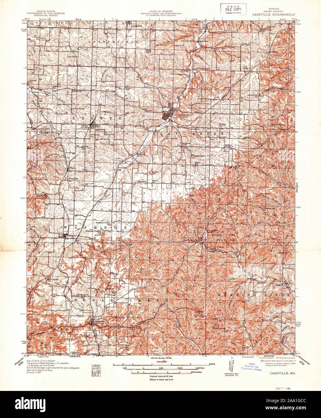 USGS TOPO Map Missouri MO Cassville 324622 1937 48000 Restoration Stock Photo