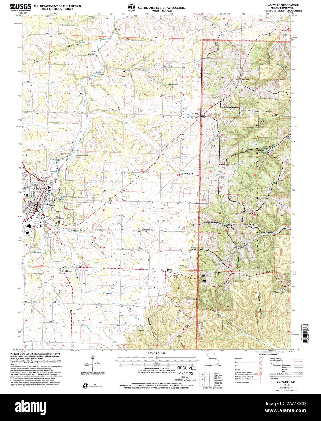 USGS TOPO Map Missouri MO Cassville 322217 1999 24000 Restoration Stock Photo