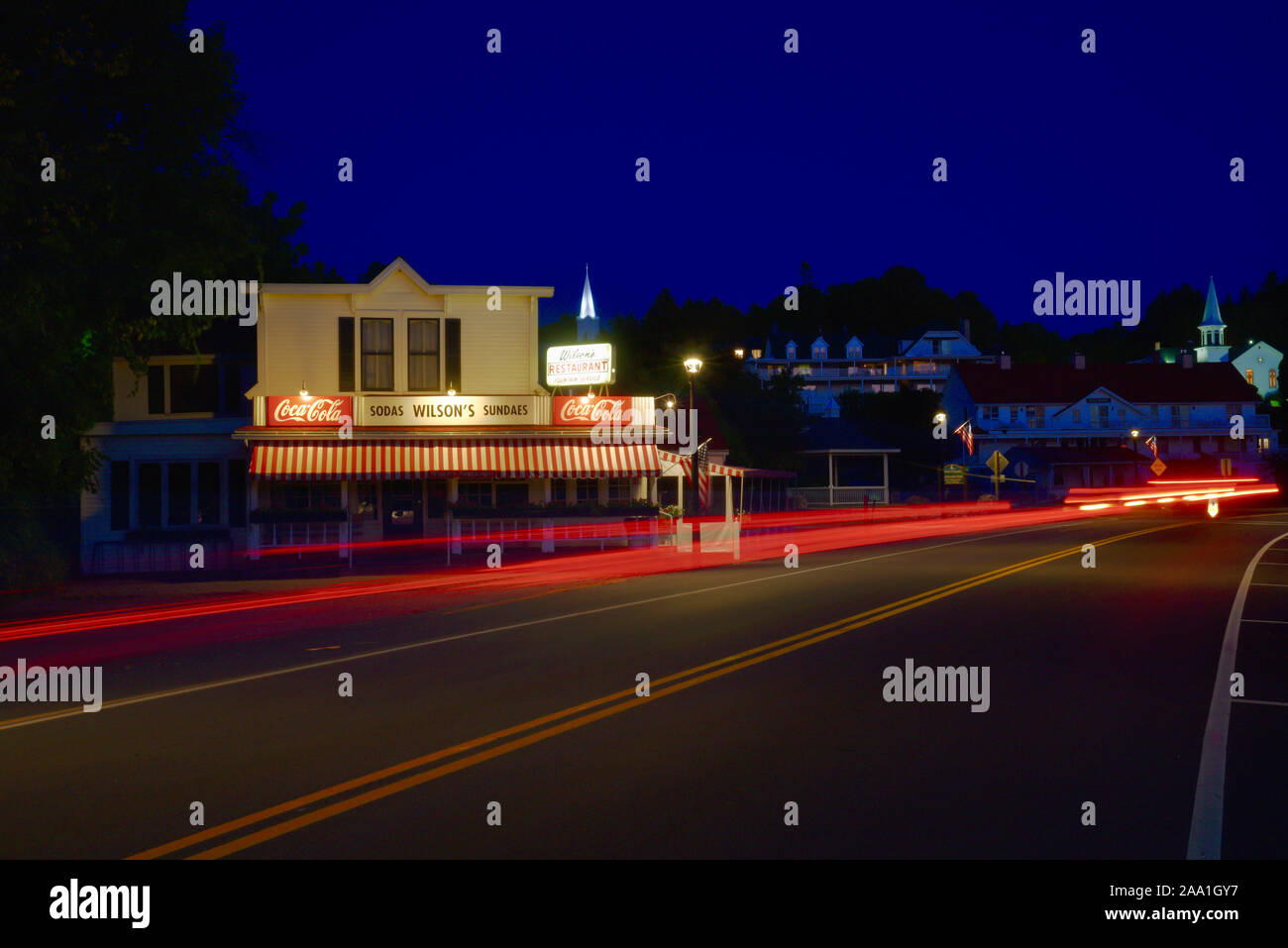 Famous Wilson's Restaurant and Ice Cream Parlor lit up in the evening, in Door County community of Ephriam, Wisconsin, USA Stock Photo