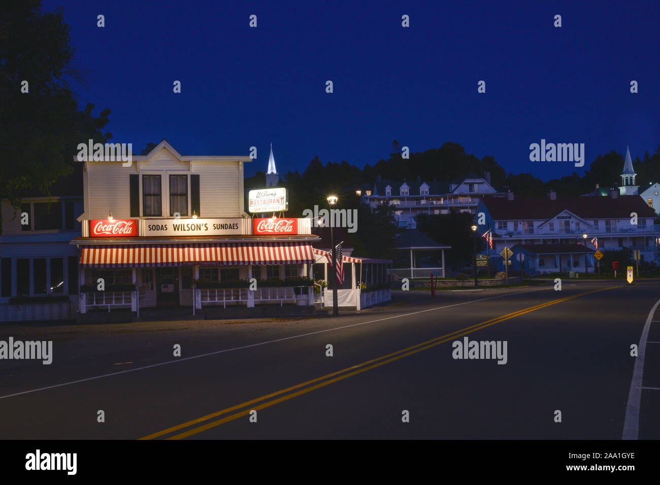 Famous Wilson's Restaurant and Ice Cream Parlor lit up in the evening, in Door County community of Ephriam, Wisconsin, USA Stock Photo