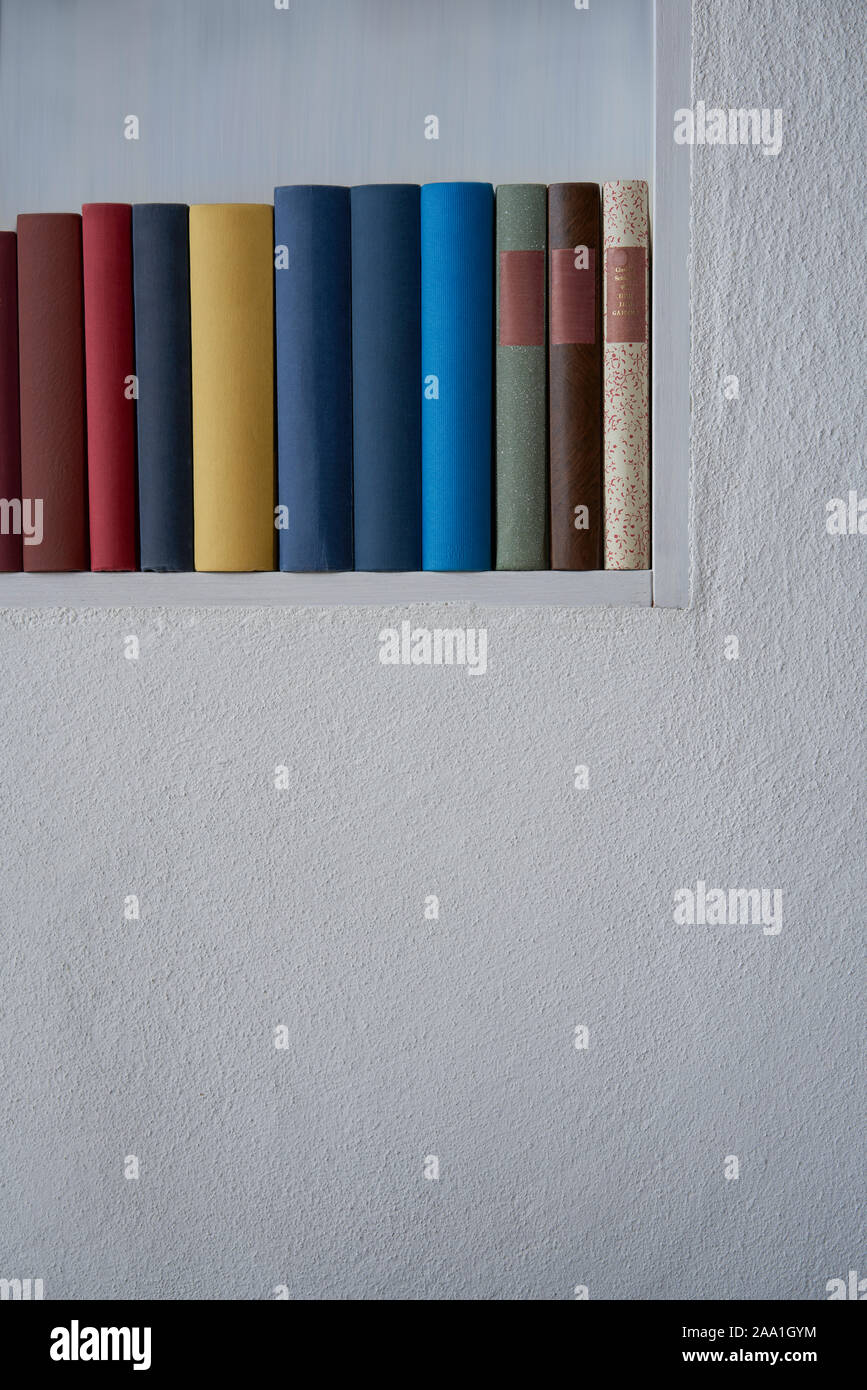 Detail of a row of colorful book covers in a shelf in a white wall, copy space, upright format Stock Photo