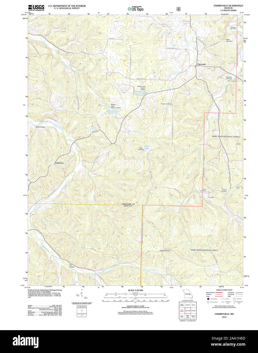 USGS TOPO Map Missouri MO Cherryville 20120105 TM Restoration Stock Photo