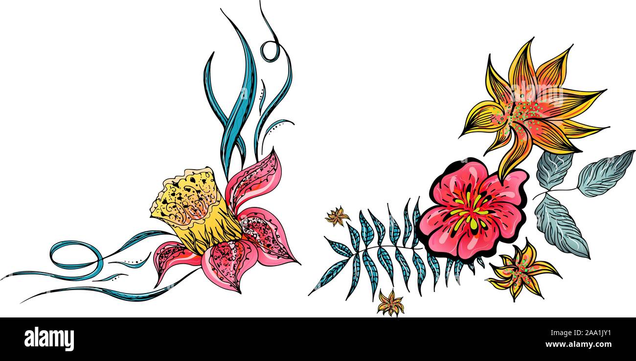 Set of two summer colorful tropical flowers. Floral botanical flower ...