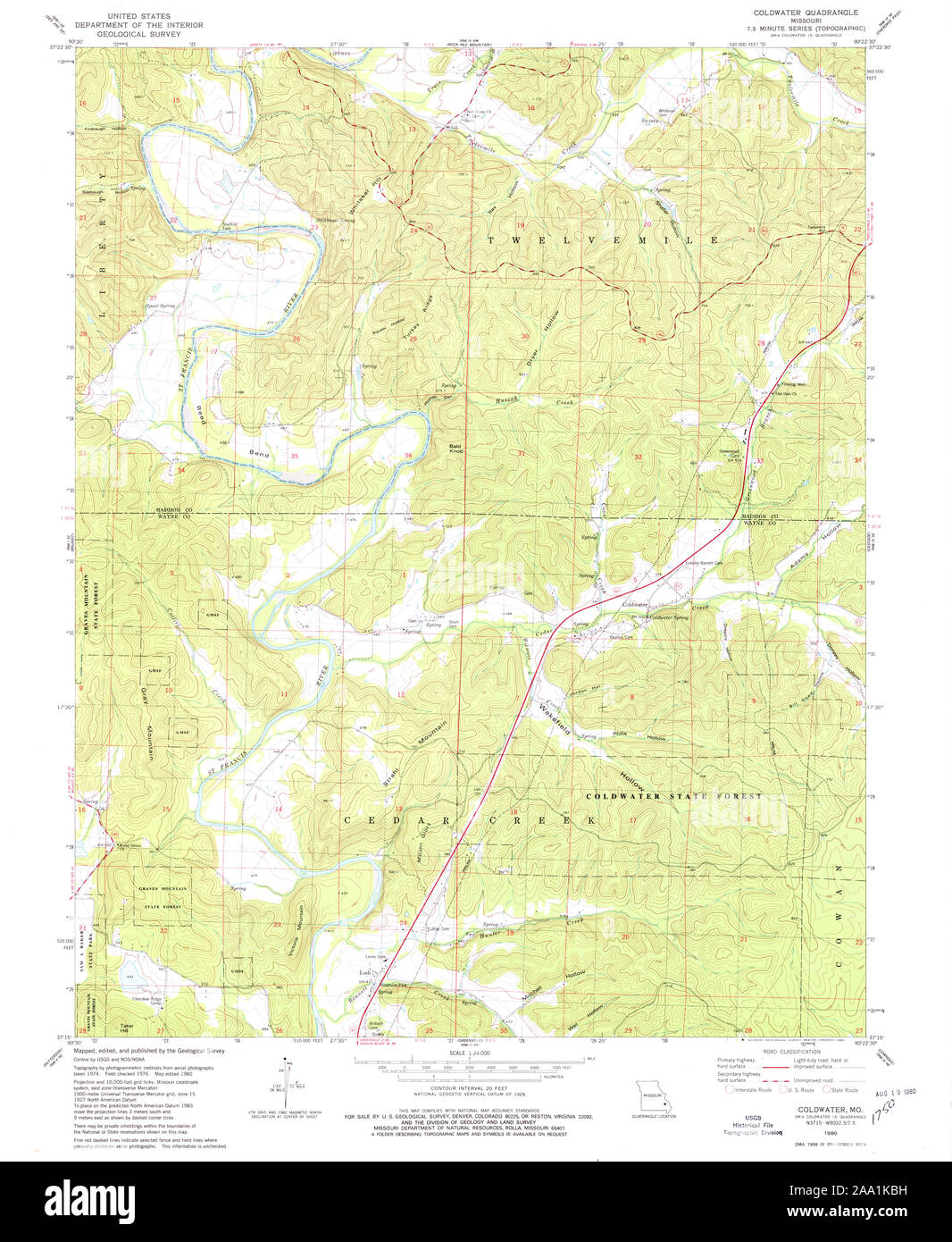 USGS TOPO Map Missouri MO Coldwater 322327 1980 24000 Restoration Stock Photo