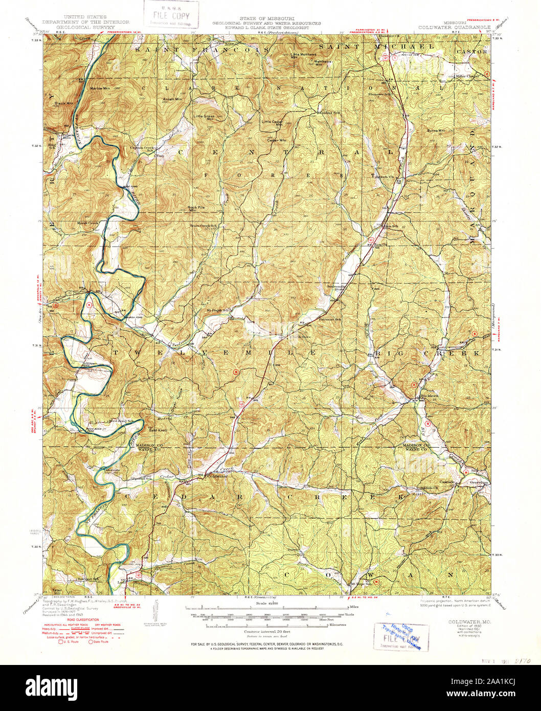 USGS TOPO Map Missouri MO Coldwater 324811 1930 62500 Restoration Stock Photo