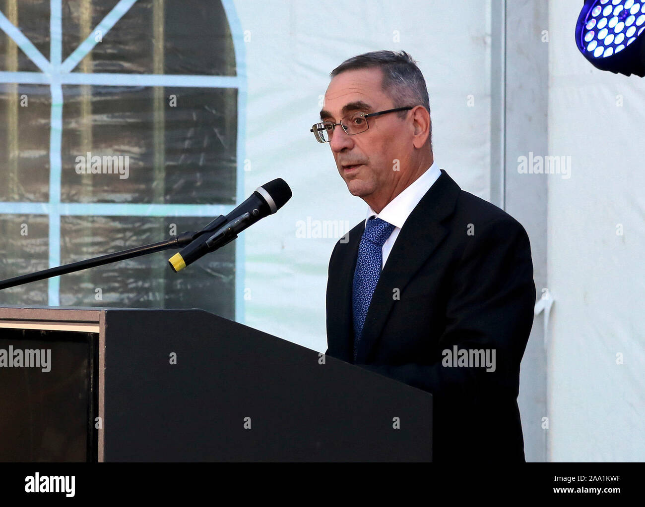 Ulcinj, Malta's Minister for Energy and Water Management. 18th Nov, 2019. Joe Mizzi, Malta's Minister for Energy and Water Management, gives a speech at the inauguration ceremony of the Mozura Wind Park in southern Montenegro on Nov. 18, 2019. The Mozura Wind Park in southern Montenegro, constructed by a consortium of the Shanghai Electric Power Company (SEP) and Malta state energy provider Enemalta, was inaugurated Monday. Credit: Shi Zhongyu/Xinhua/Alamy Live News Stock Photo
