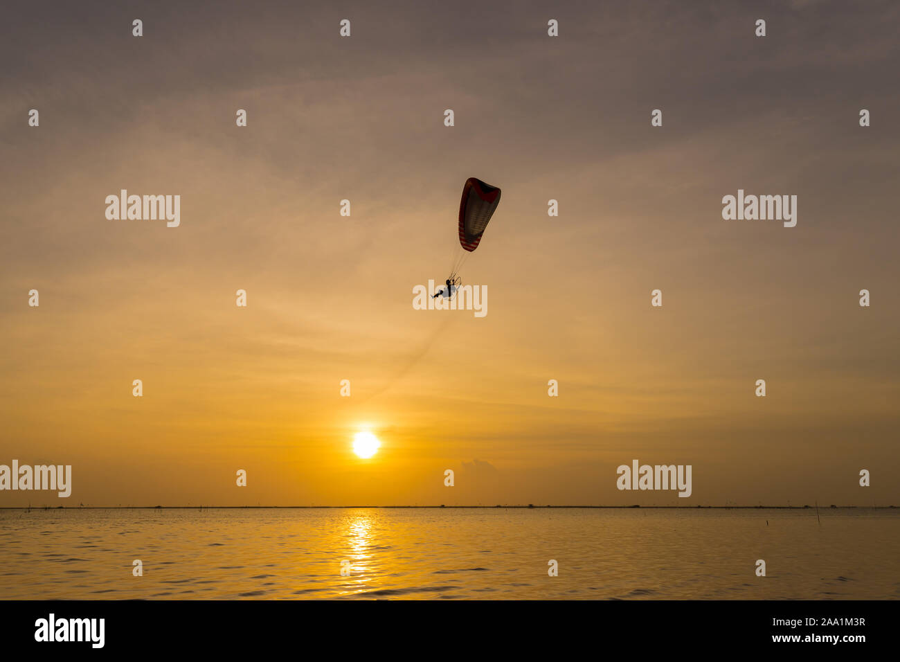 Silhouette of Paramotors flying to sky on sunset Adventure man active