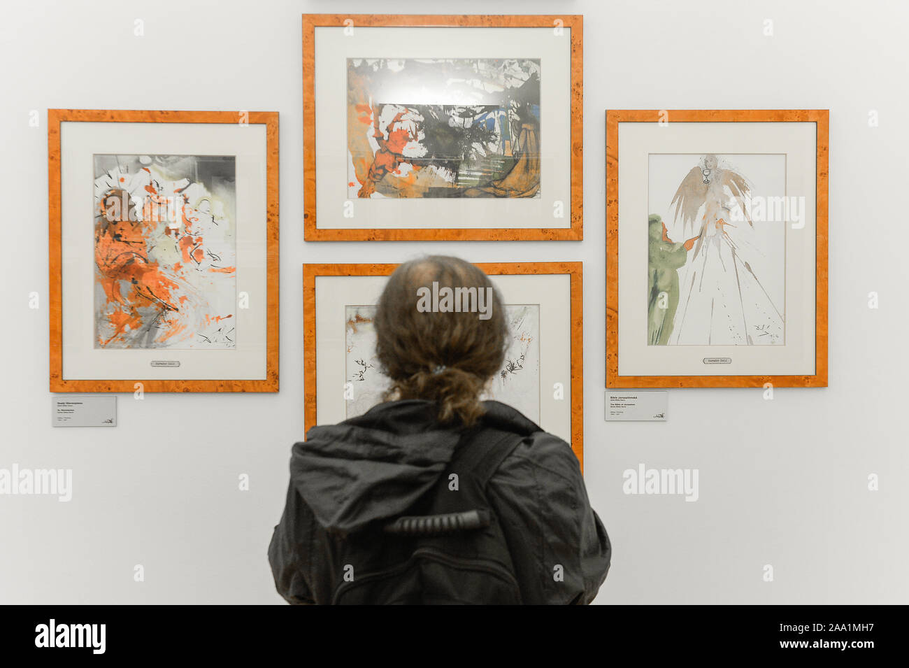 Prague, Czech Republic. 18th Nov, 2019. A woman admires art works of the world famous Spanish artist, Salvador Dali during the exhibition.Central Gallery presents chronological exhibitions of Spanish artist Salvador Dali and American pop art master Andy Warhol. Both artists are among the biggest art influences in the art world. Credit: SOPA Images Limited/Alamy Live News Stock Photo