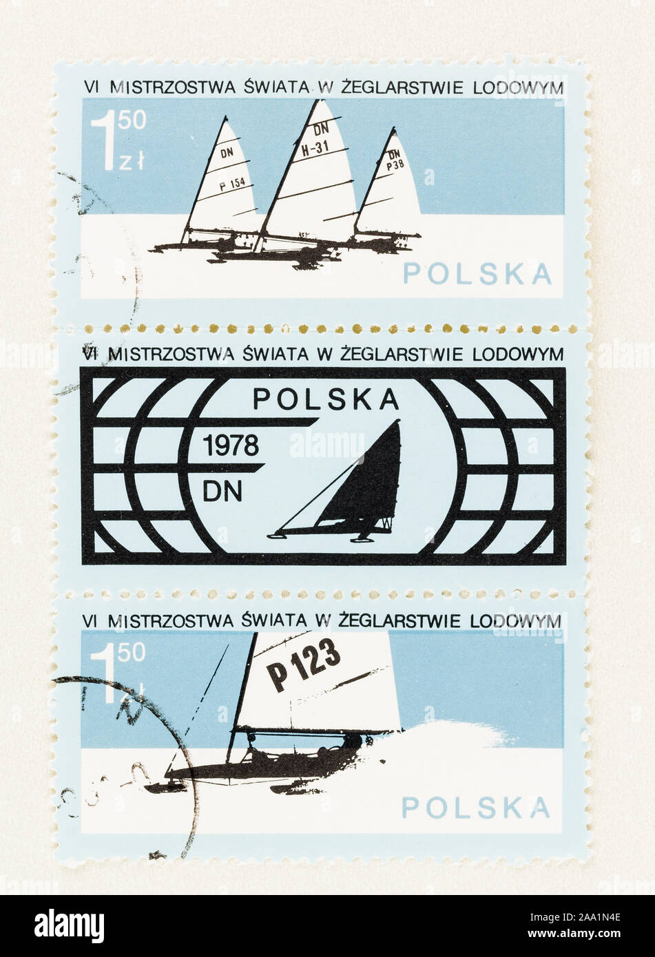SEATTLE WASHINGTON - October 5, 2019: Polish used se-tenant stamps from 1978 featuring Ice sailing. Scott # 2541 and # 2542. Stock Photo