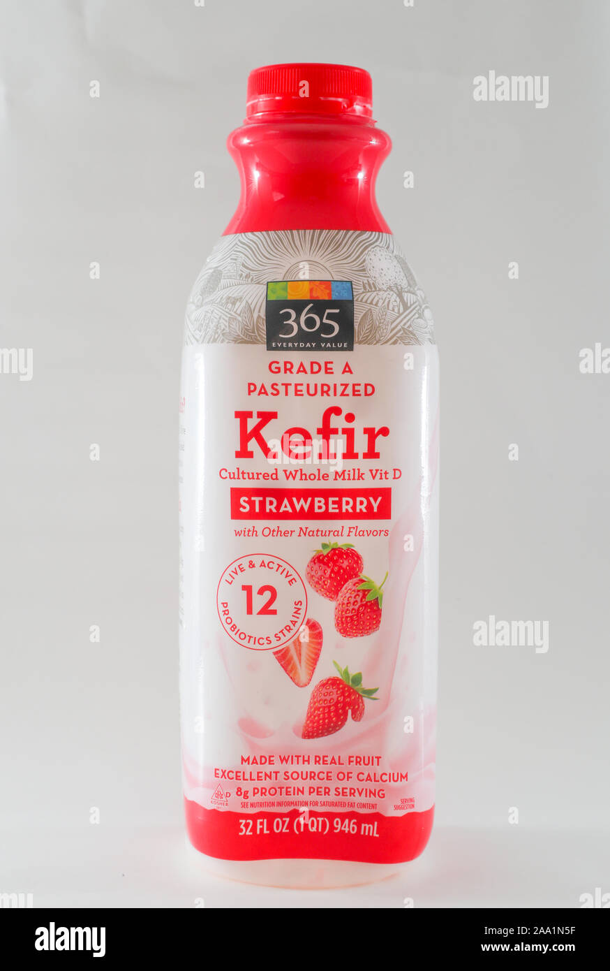 Princeton New Jersey November 18 2019: 365 Everyday Value Kefir Cultured Whole Milk Vitamin D strawberry yogurt - Image Stock Photo