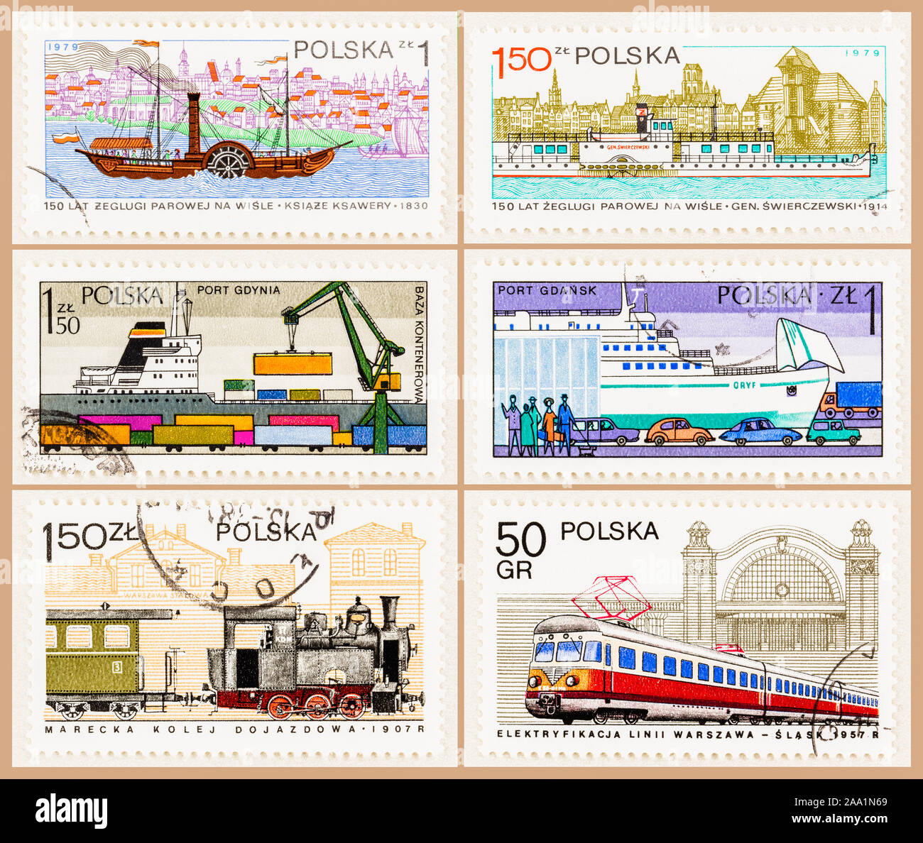 SEATTLE WASHINGTON - October 5, 2019: Various postage stamp issues commemorationg transportation and industry in Poland, Stock Photo
