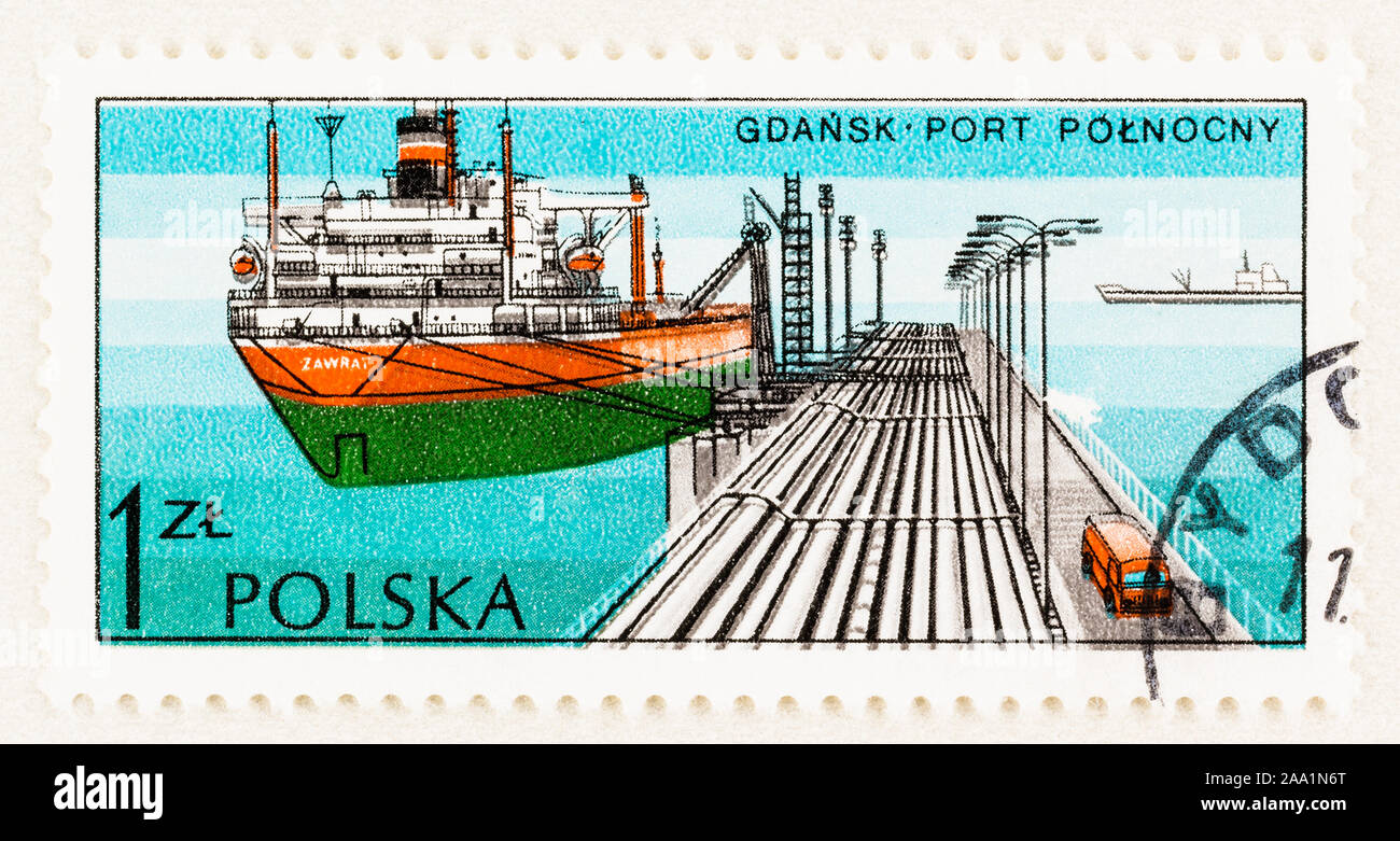 SEATTLE WASHINGTON- October 9, 2018: Poland postage stamp with crude oil tanker, the Zawrat, at Gdansk Port Pocnochy. Scott # 2188 issued in 1976. Stock Photo