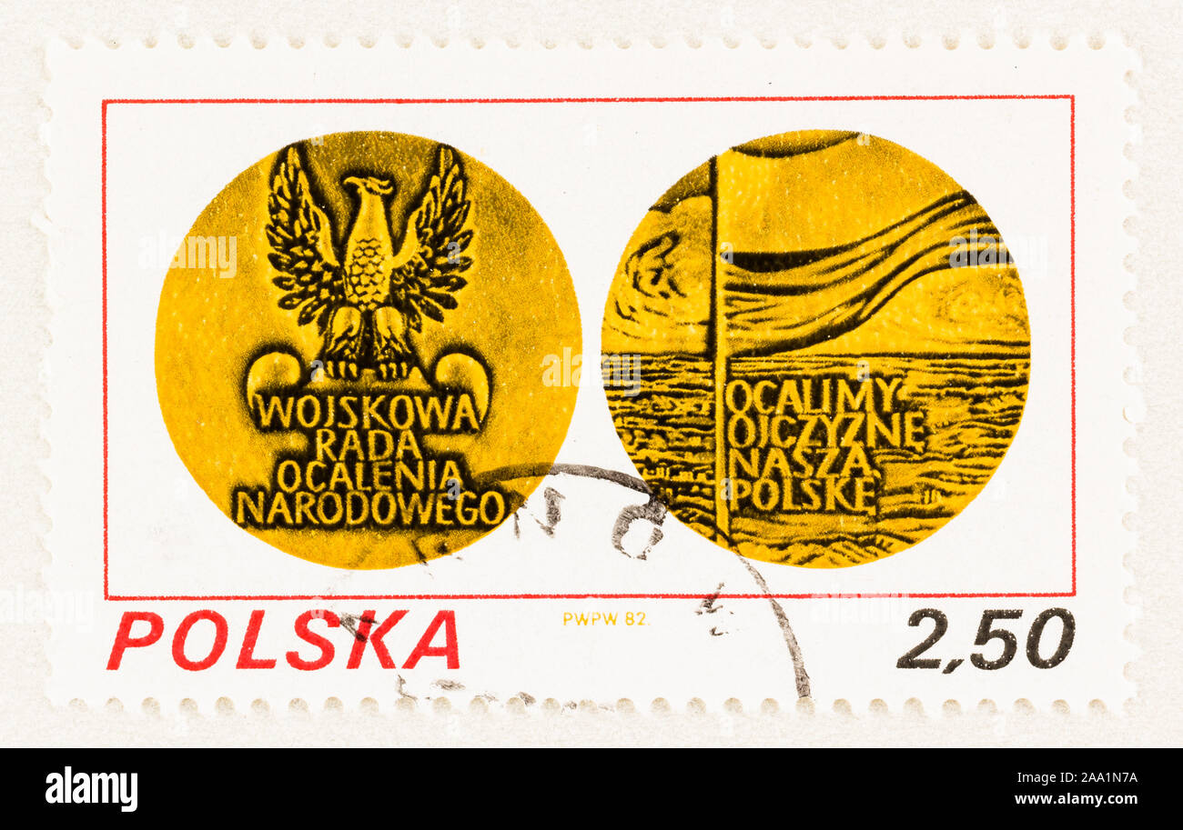 SEATTLE WASHINGTON - October 9, 2019: Stamp of Poland commemorating the first year of  Military Council of National Salvation rule, issued in 1982. Stock Photo