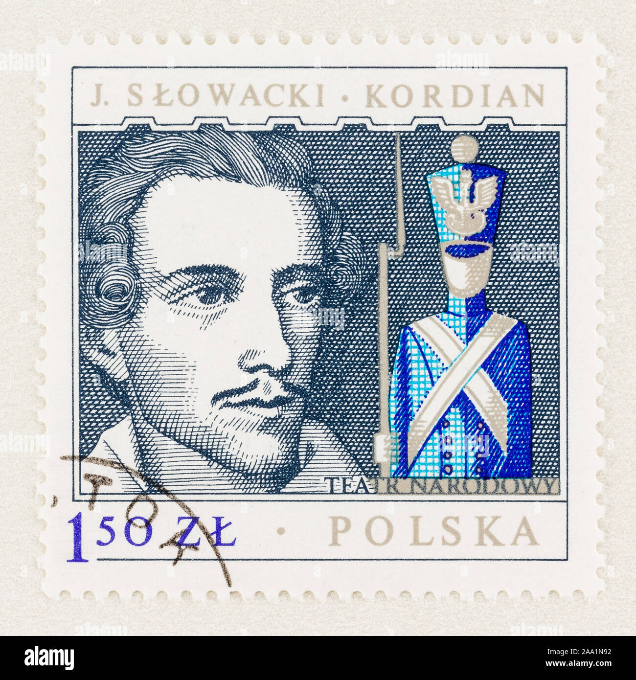 SEATTLE WASHINGTON- October 9, 2018: Poland postage stamp commemorating the National Theater, with J Slowacki portrait, a Polish playwright and poet. Stock Photo