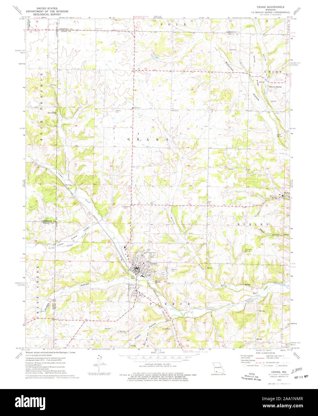 USGS TOPO Map Missouri MO Crane 322385 1974 24000 Restoration Stock Photo