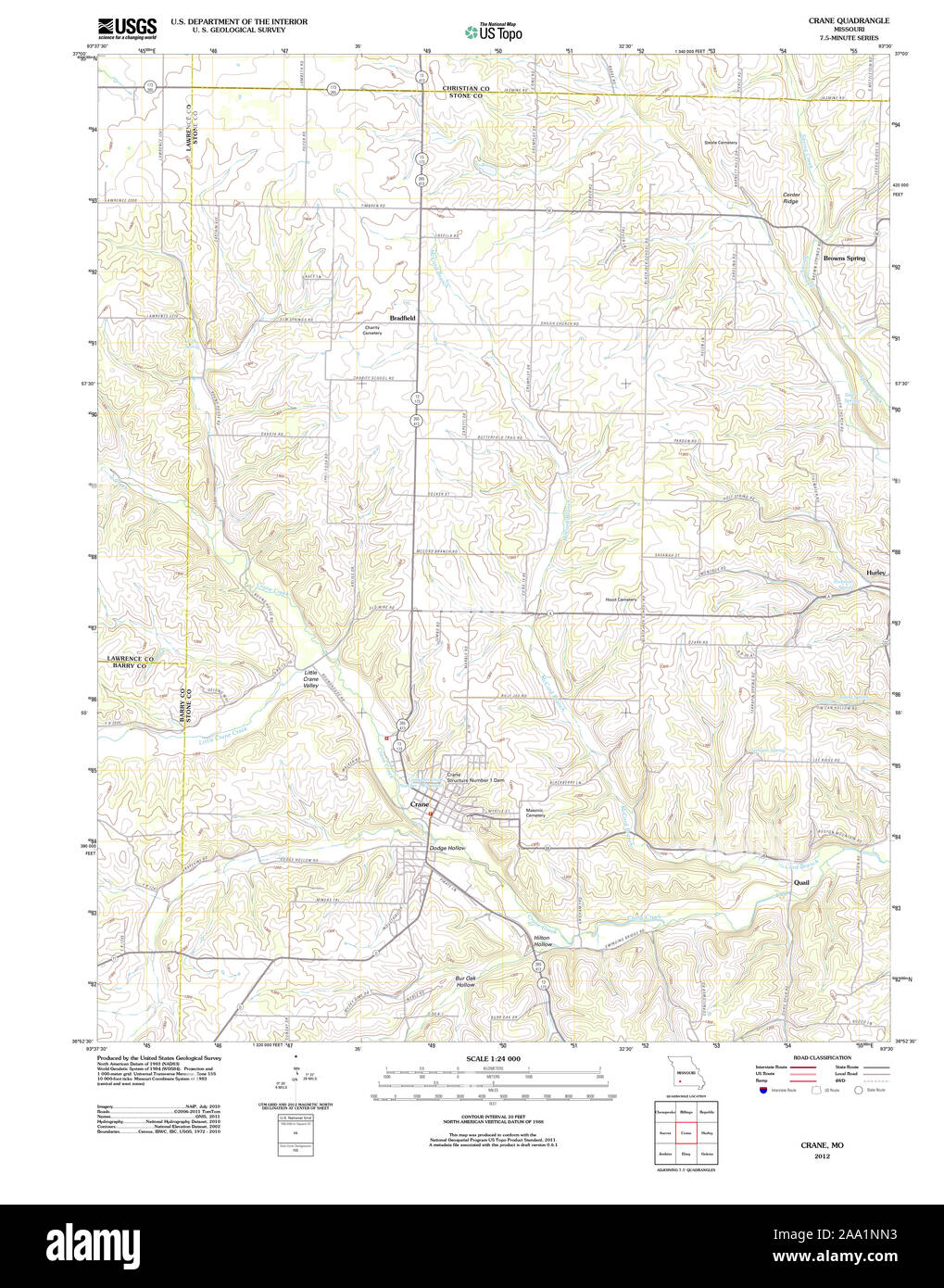 USGS TOPO Map Missouri MO Crane 20120105 TM Restoration Stock Photo