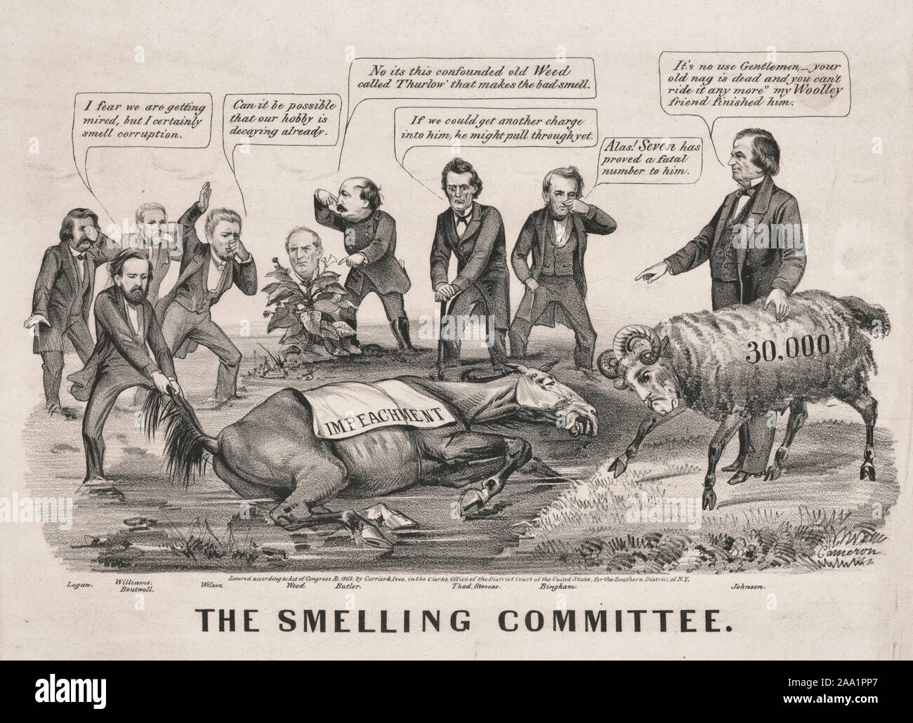 The Smelling Committee - The failed impeachment proceedings initiated by the Radical Republicans against President Andrew Johnson in 1868 are likened to a dead horse: exuding a great stench with no hope for revival. Several figures involved in the impeachment proceedings surround the rotting carcass of a horse wrapped in a blanket 'impeachment,' holding their noses from the smell. The men are (from left to right) John A. Logan, George S. Boutwell, Thomas Williams, Benjamin F. Butler, Thaddeus Stevens, and John A. Bingham. Boutwell pulls the tail of the horse, saying, 'I fear we are getting mir Stock Photo