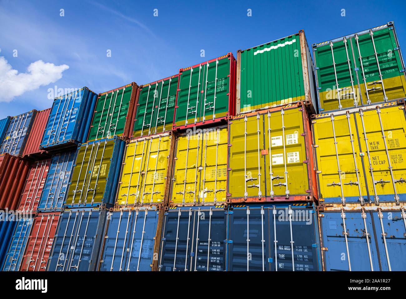 The national flag of Gabon on a large number of metal containers for