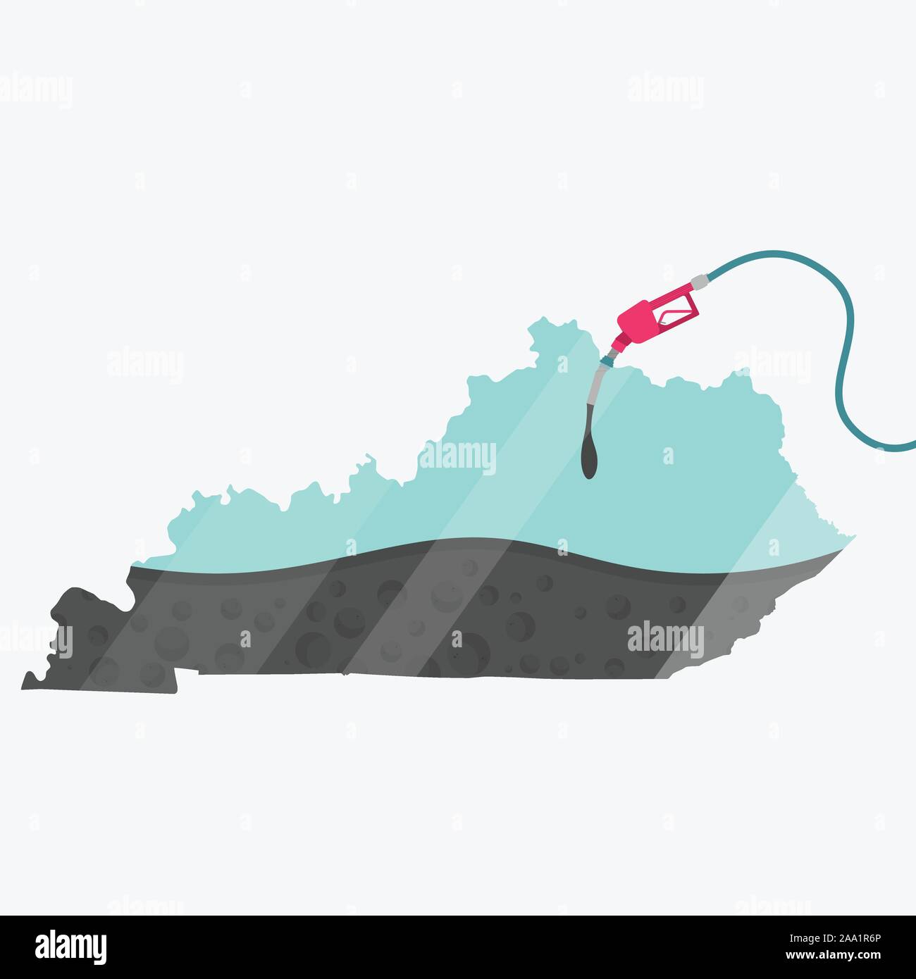 Map of Kentucky, in USA, being fueled by oil. Gas pump fueled map. On